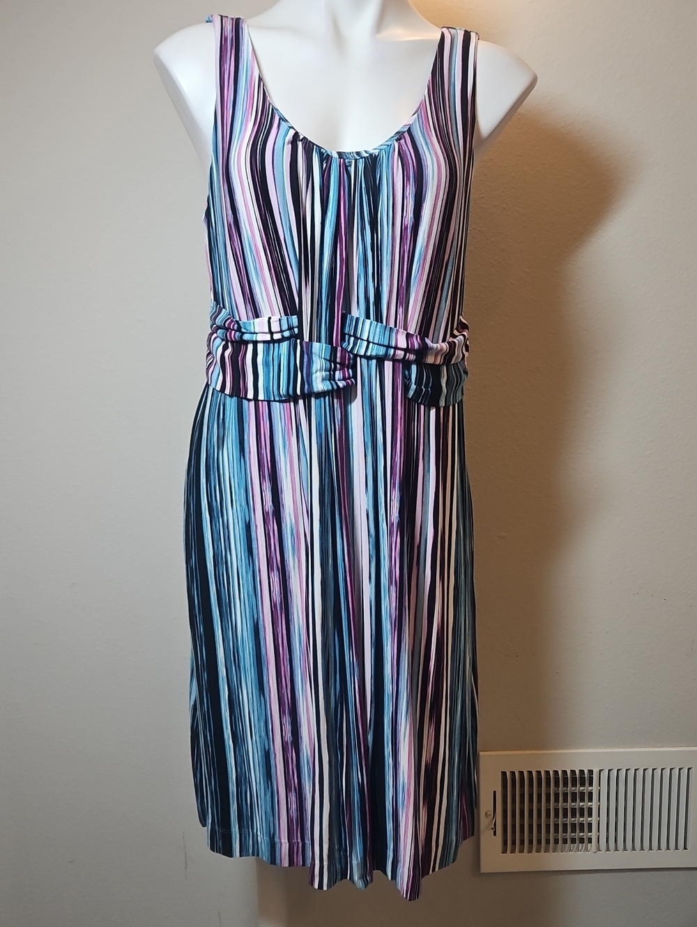 Soma Soze Large Sleeveless Vertical Stripe Dress in Blue, Pink & White